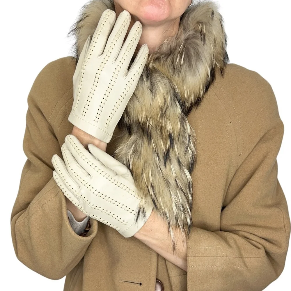 Vtg midcentury beige leather decorative lacing wrist length driving gloves 7 1/2